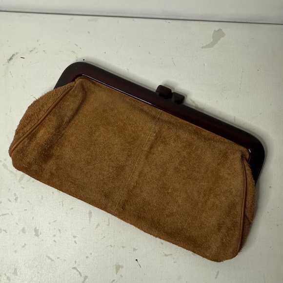 Vintage Brown Genuine Suede Leather Clutch Purse w/ Leucite Closure Bag 1970s - Picture 1 of 7